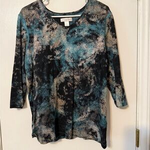 Christopher & Banks Abstract Teal and Black Long Sleeve Tee